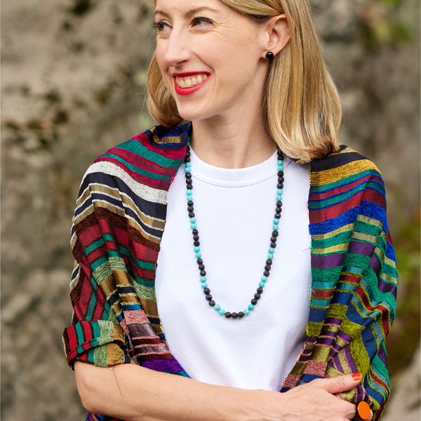 handmade faceted wood and turquoise howlite necklace katie bartels