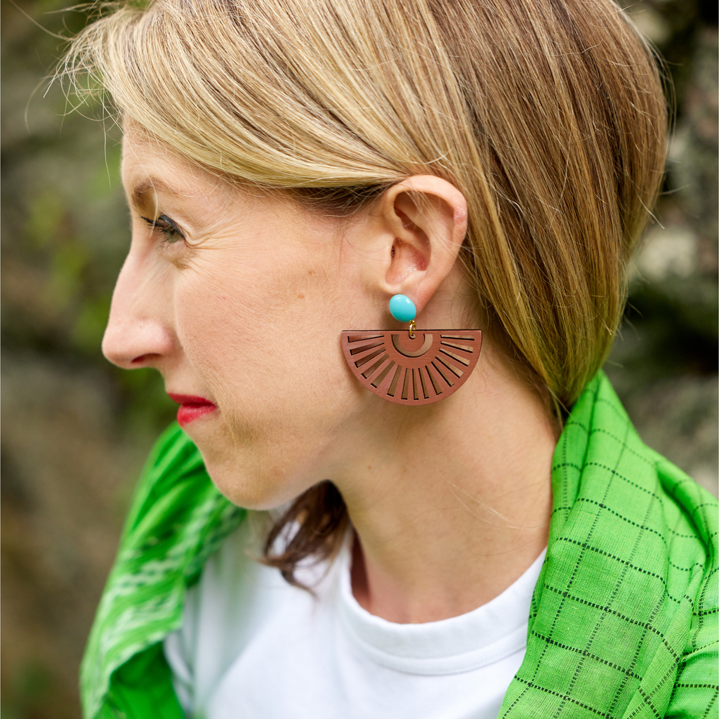 lightweight laser cut wood fan earrings katie bartels