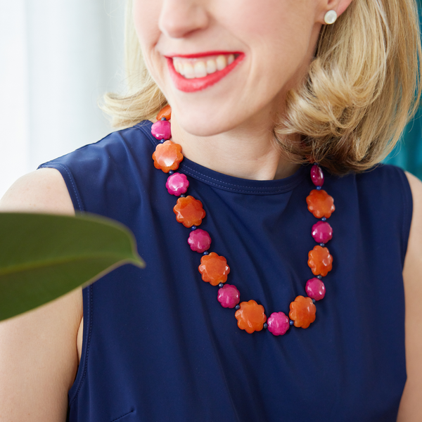 womens orange and magenta jade flower and lapis necklace katie bartels