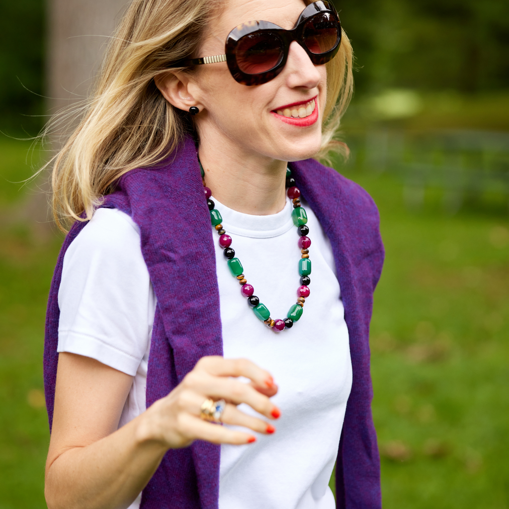 handmade magenta agate, green agate, black onyx, & tigerseye gemstone necklace katie bartels