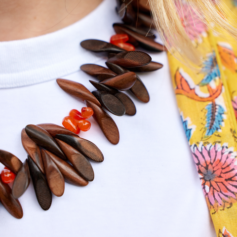 handmade wood and carnelian necklace katie bartels